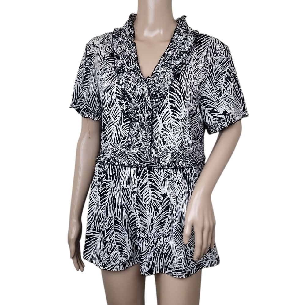 Lapis Black White Leaf Print Tunic